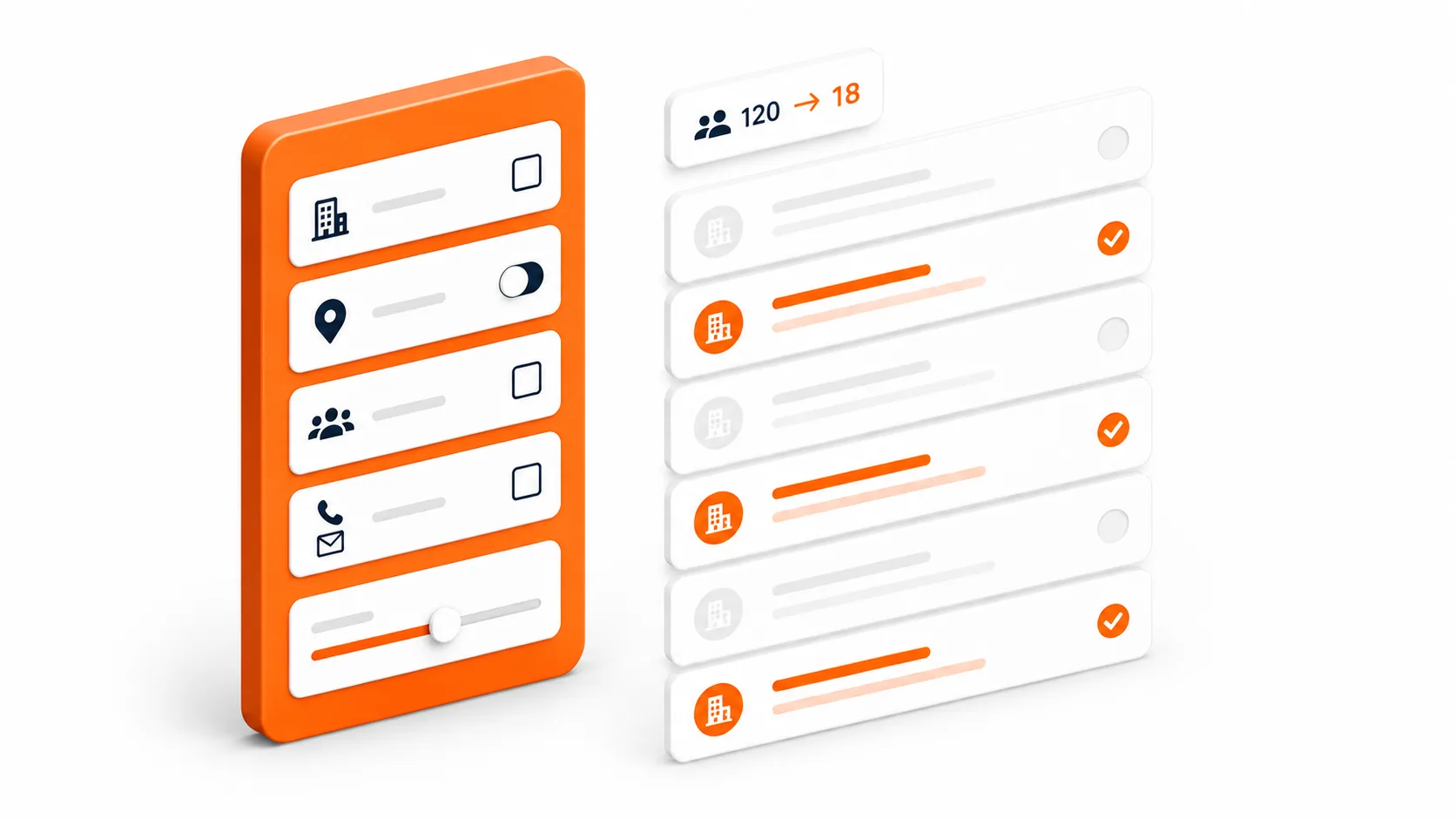 Illustratie van een selectietool met filters voor branche, regio en bedrijfsomvang die een lange lijst bedrijven versmalt tot een scherpe selectie