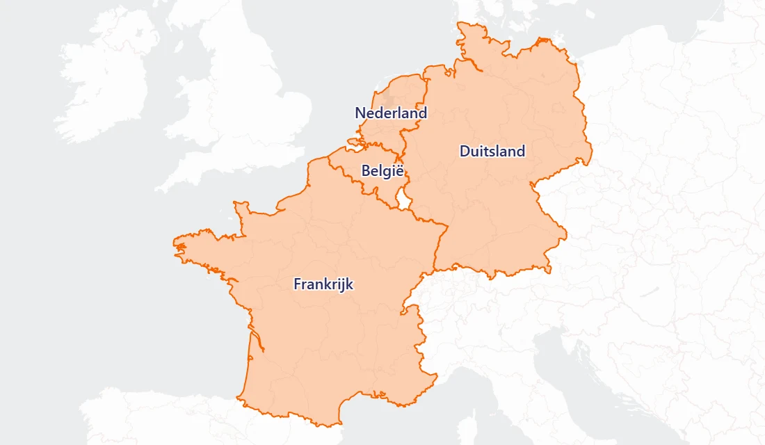 Kaart van Nederland, België, Frankrijk en Duitsland met de online selectie over de grens